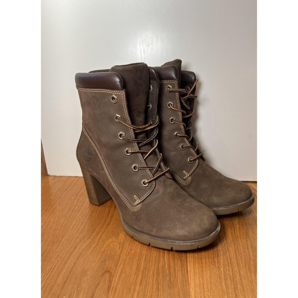 Timberland Boots Womens Size 6.5 Brown Leather Lace Up Block Heel Ankle